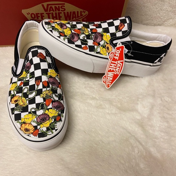 New Vans classic slip-ons poppy checkerboard black multi color size 7 - Picture 6 of 7